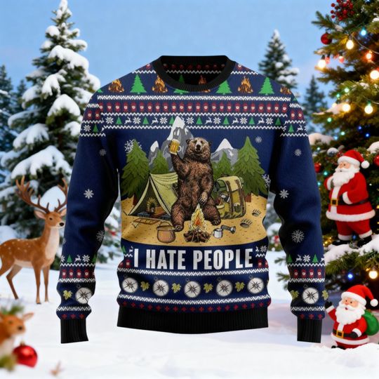 Discover Bear Beer Campfire Ugly Christmas Sweater, Funny Bear Camping Sweater, Go Outside Quote Christmas Sweatshirt, Adventure Ugly Sweater