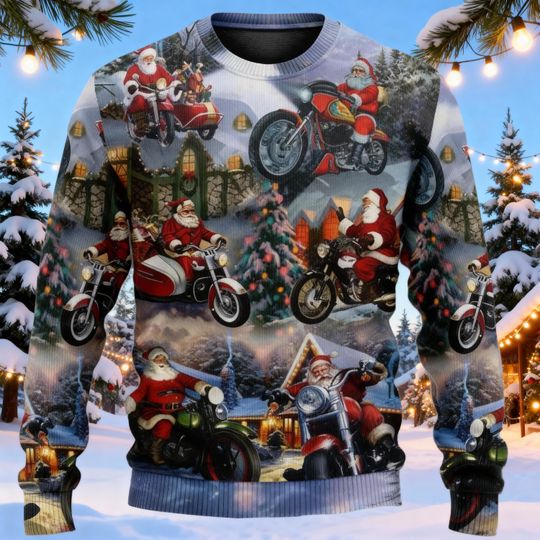 Funny Biker Santa Ugly Christmas Sweater, Oh What Fun It Is To Ride Ugly Xmas Sweatshirt, Motorcycle Holiday Gift for Men Women, Xmas Gift