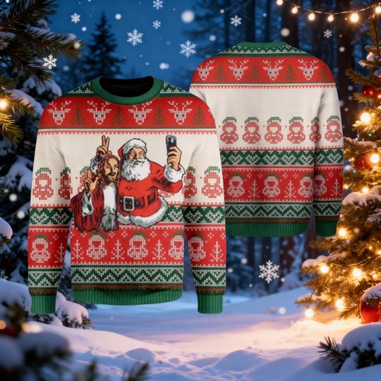 Discover Jesus and Santa Selfie Christmas Sweater, Funny Ugly Xmas Sweater with Selfie Design, Holiday Party Outfit, Unique Winter Gift