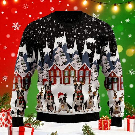 Boston Terrier Family Ugly Christmas Sweater, Funny Dog Xmas Sweatshirt, Cozy Christmas Ugly Sweater, Christmas Gift For Men Women Kid