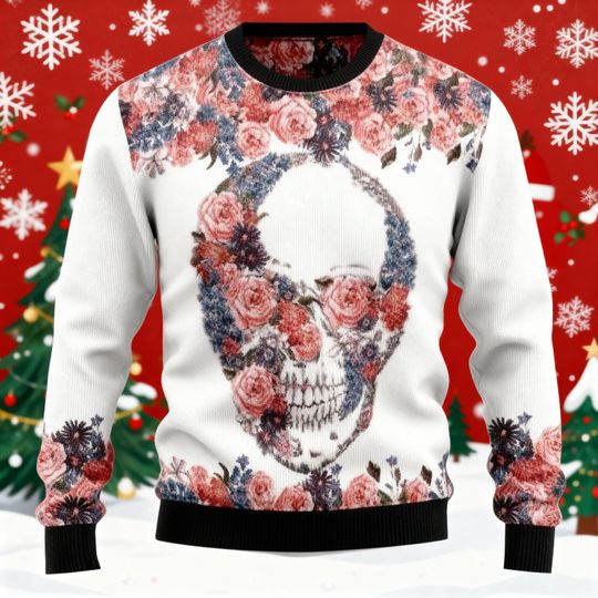 Discover Skull Flowers Ugly Christmas Sweater, Skull Christmas Sweater, Gothic Holiday Sweater, Skeleton Xmas Jumper, Edgy Ugly Christmas Shirt