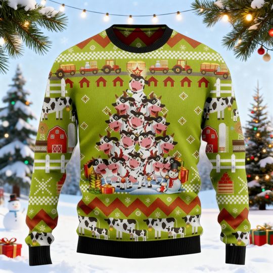 Cow Christmas Tree Ugly Sweater, Farm Animal Ugly Christmas Sweatshirt, Funny Cow Ugly Christmas Sweater, Gift for Men and Women