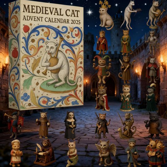 Discover Medieval Cat Advent Calendar 2025, Historical Feline Figures, Renaissance Christmas Countdown Gift, 24 Day Collectible