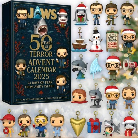 Discover 24 Day Classic Shark Movie Calendar, Ocean Terror Ornaments, Horror Film Fan Gift, Beach Town Character Set, Retro Collector