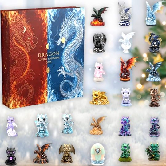 Discover 24 Day Mythical Creature Calendar, Fantasy Dragon Miniatures, Fire Ice Beast Ornaments, D&D Style Decor, Adult Collector Gift