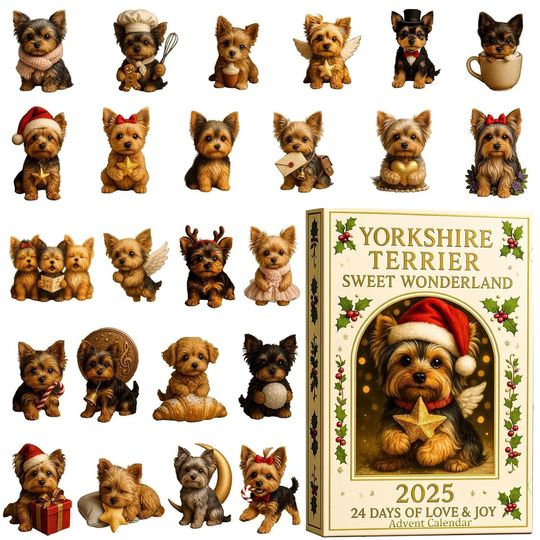 Discover Yorkshire Terrier Dog Advent Calendar 2025, 24 Day Dog Figurines : Vintage Christmas Ornament Countdown