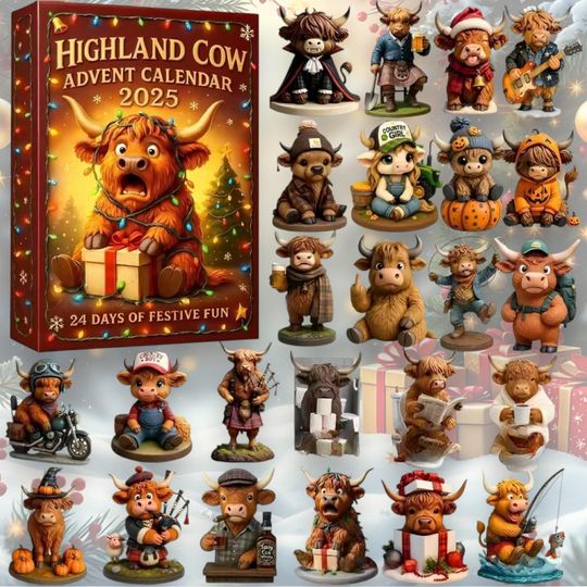 Discover 3D Highland Cow Advent Calendar 2025, 24 Days of Cute Cow Figures, Christmas Countdown Gift for Cow Lover, Holiday Collectible Figurines