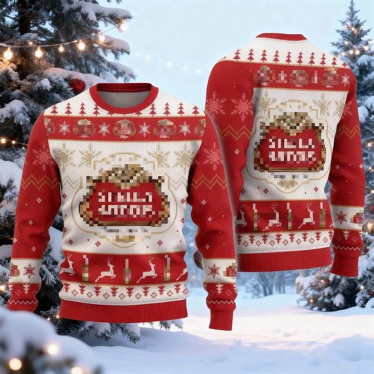 Discover Red and White Holiday Sweater, Artois Lager Ugly Christmas Sweater, Festive Beer Bottle Ugly Sweatshirt, Chalice Drinker Gift