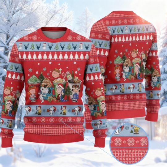 Cartoon Dog & Friends Hot Cocoa Sweater, Coffee Christmas Shirt, Red Striped Holiday Crewneck, Peanuts Fan Gift, Ugly Christmas Party Top