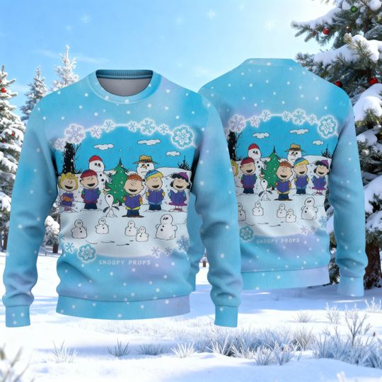 Discover Blue Peanuts Ugly Christmas Sweatshirt, Cartoon Dog & Friends Winter Sweater, Funny Holiday Sweater, Peanuts Fan Gift, Christmas Party Shirt