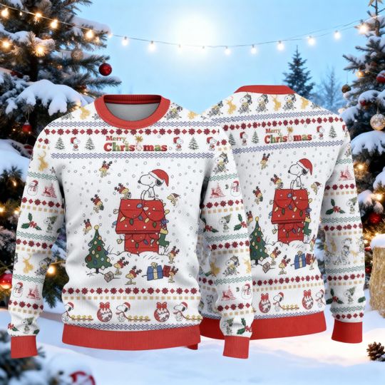 Discover Peanuts Doghouse Xmas Sweater, Cartoon Dog Holiday Sweatshirt, Funny Cute Christmas Sweater, Red White Ugly Sweater, Character Fan Gift