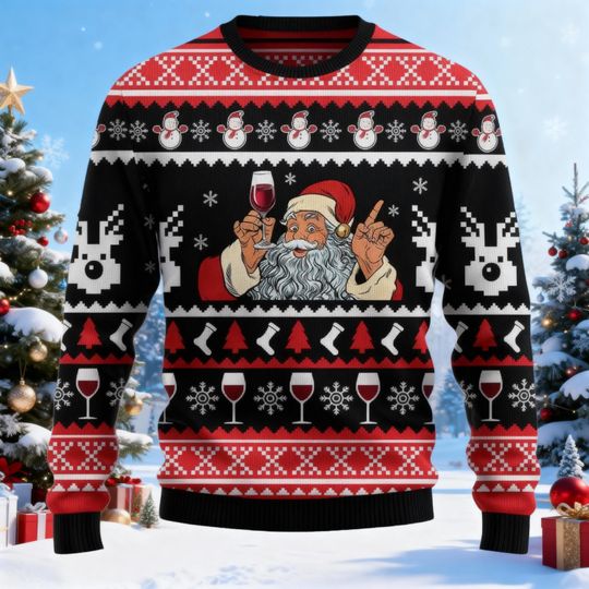 Santa Claus Ugly Christmas Sweater, Funny Holiday Gift for Men Women, Wine Sweater, Xmas Gift, Funny Santa Xmas Sweater