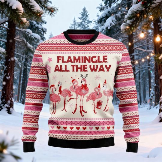 Discover Flamingle All The Christmas Ugly Sweater, Pink Christmas Flamingo Christmas Sweater, Funny Sweatshirt Gifts