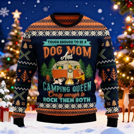 Discover Funny Dog Mom Camping Ugly Christmas Sweater, Christmas Gift for Women Who Love Dogs and Camping, Outdoor Lover Holiday Tee