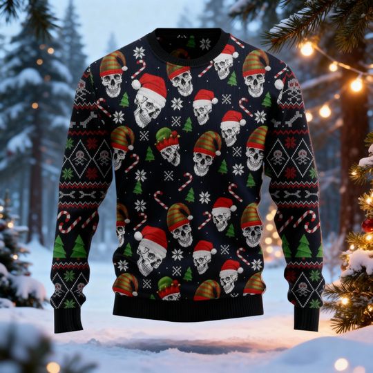 Discover Santa Skull Christmas Ugly Sweater, Merry Creepmas Shirt, Horror Ugly Sweatshirt, Holiday Sweater, Funny Xmas Shirt, Spooky Costume Gift