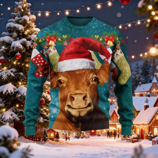 Funny Cow Santa Hat Xmas Sweatshirt, Funny Cow Santa Hat Ugly Christmas Sweater, Funny Cow Christmas Gift For Men Women Kid