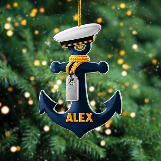 Personalized Sailor Anchor Ornament, Nautical Gift, Christmas Tree Decor, Navy Keepsake, Boating Present