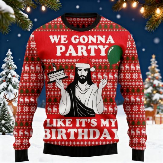Discover We Gonna Party Jesus Ugly Christmas Sweater, Religious Xmas Sweatshirt With Party Hat & Santa, Ugly Holiday Sweatshirt For Men Women