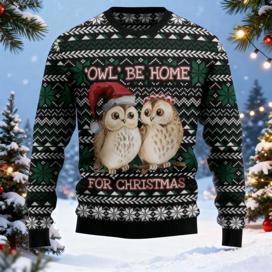 Owl Be Home Ugly Xmas Sweatshirt, Cute Owl Christmas Sweater, Wizard Scarf Design Ugly Xmas Sweatshirt, Magical Christmas Party Outfit
