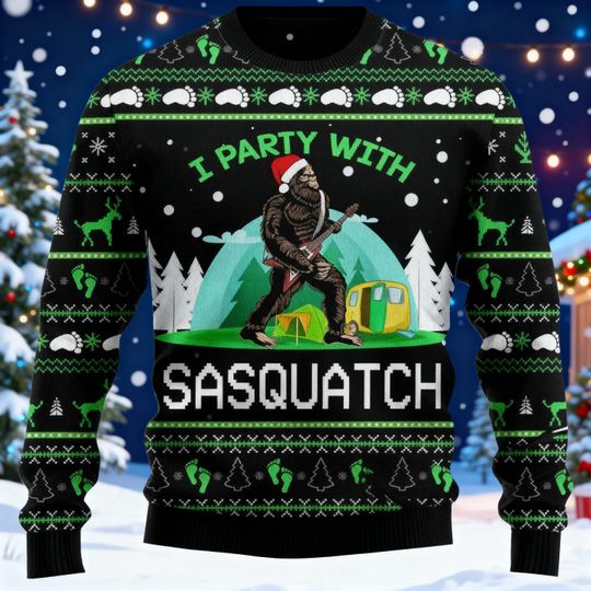 Funny Bigfoot Ugly Christmas Sweater, Funny Sasquatch Holiday Jumper, Cool Cryptozoology Xmas Gift, Ugly Sweater Party Sweatshirt