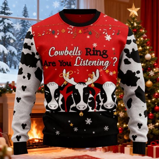 Cowbells Ring Are You Listening Ugly Christmas Sweater, Cow Print Sweater, Cow Lover Gift, Cow Ugly Sweater, Cowbells Christmas Sweater