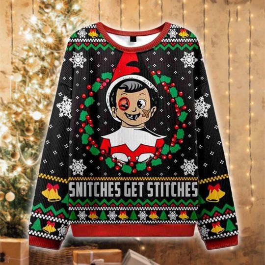 Discover Snitches Get Stitches Christmas Sweater, Funny Elf Holiday Shirt, Naughty Humor Ugly Xmas Sweater, Offensive Gag Gift for Adults