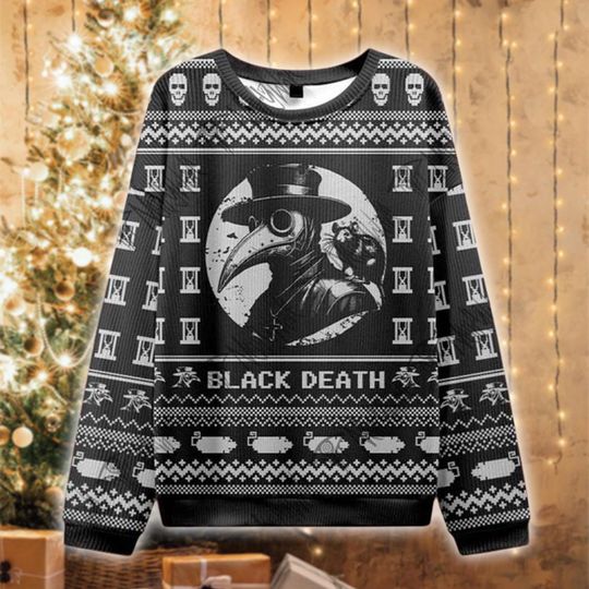 Black Death Plague Doctor Christmas Ugly Sweater, Gothic Dark Holiday Shirt, Creepy Macabre Xmas Gift, Horror Historian Ugly Sweater