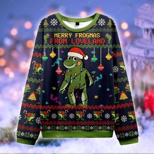 Discover Merry Frogmas Ugly Christmas Sweater, Loveland Frogman Holiday Shirt, Funny Xmas Sweatshirt, Weird Frog Alien Cosplay Gift