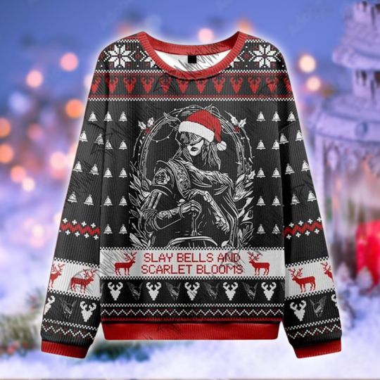 Slay Bells and Scarlet Blooms Christmas Ugly Sweater, Elden Ring Melina Cosplay Jumper, Dark Fantasy Gamer Holiday Shirt, Soulsborne Xmas Gift