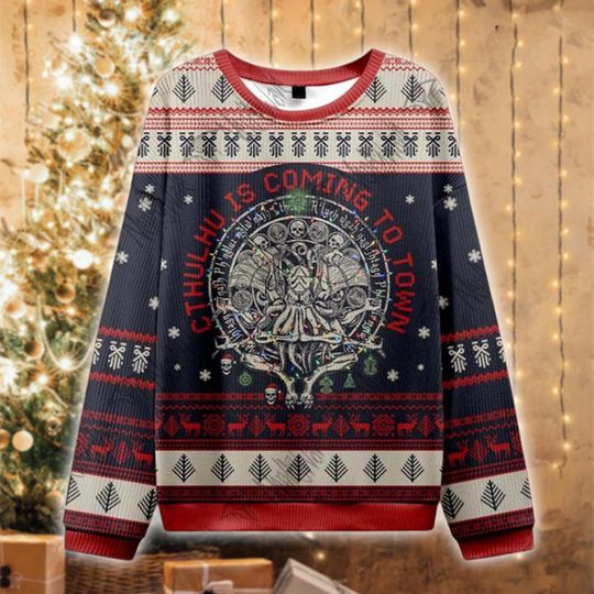 Discover Horror  Is Coming To Town Christmas Ugly Sweater, Lovecraft Horror Holiday Shirt, Eldritch Gothic Xmas Jumper, Funny Mythos Gift for Fans