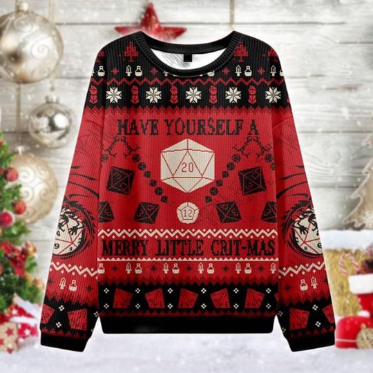 D20 Critmas DnD Ugly Christmas Sweater, Dungeons and Dragons Holiday Shirt, Funny Dice RPG Gamer Gift, Xmas Hoodie for Tabletop Fans
