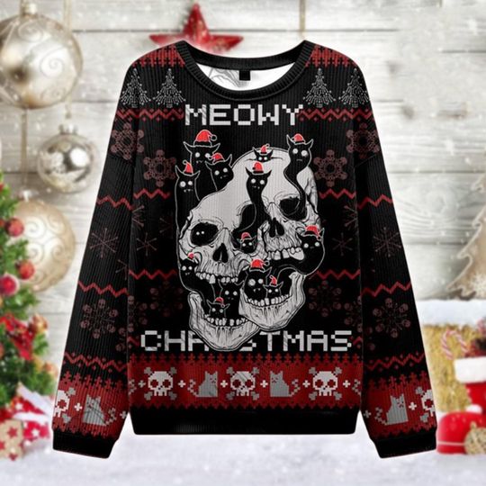 Goth Cat Skull Christmas Ugly Sweater, Meowy Xmas Pullover, Creepy Cute Holiday Shirt, Spooky Cat Lover Gift, Black Cat Ugly Sweater