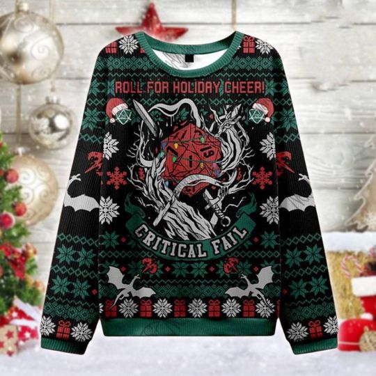 Critical Fail Holiday Sweater, D20 Dice Christmas Shirt, DnD Gamer Ugly Sweater, Funny RPG Gift, Dungeon Master Holiday Outfit