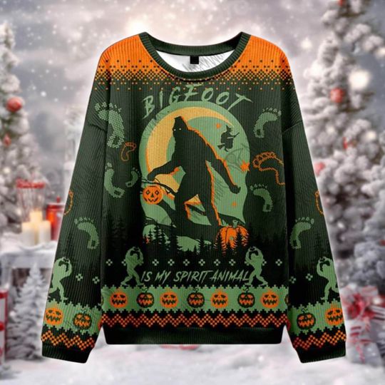 Discover Bigfoot Christmas Ugly Sweater, Spirit Animal Xmas Shirt, Sasquatch Holiday Pullover, Funny Forest Yeti Gift, Halloween Ugly Sweater