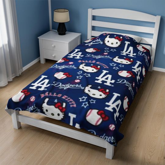 Retro LA Dodgers Fleece Blanket with Cat and Baseball Design, Holiday Christmas Dorm Fan Gift