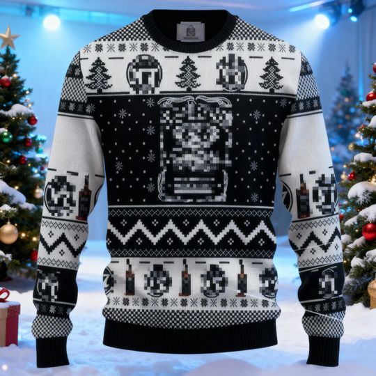 Discover Black and White Winter Alcohol Shirt, Whiskey Old No.7 Spirit Christmas Sweater, Rustic Holiday Distillery Jumper, Festive Jack Drinker Gift