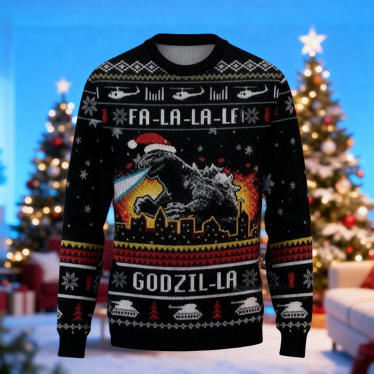 Giant Monster Godzill Fa-La-La-La-La Holiday Sweatshirt, Kaiju City Attack Ugly Christmas Sweater, Atomic Breath Fan Gift, Movie Sweatshirt
