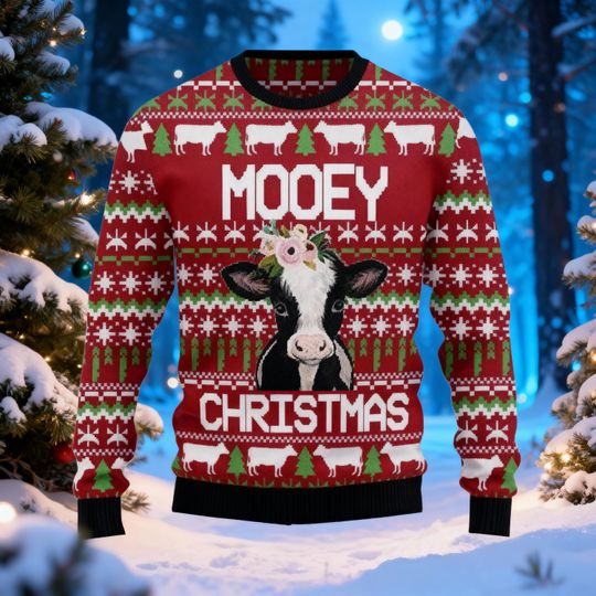 Discover Funny Cow Ugly Christmas Sweater for Men Women, Red Festive Winter Cow Lover Sweater, Farm Animal Xmas Sweatshirt, Gift for Christmas Party