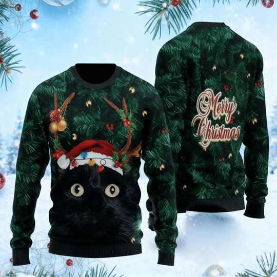 Discover Black Cat Christmas Ugly Sweater, Meowy Holiday Sweater, A Happy Purr Year Ugly Sweater, Christmas Lights Xmas Sweater, Cat Lover Gift