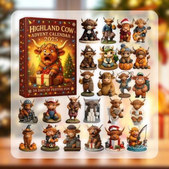 Discover Highland Cow Acrylic Advent Calendar 2025 with 24 Resin Mini Cows Farmhouse Christmas Countdown Set