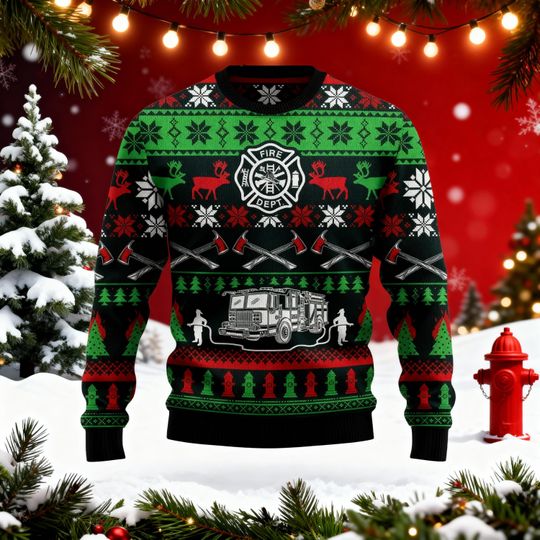 Firefighter Christmas Ugly Sweater, Fire Truck Ugly Xmas Sweatshirt for Firemen, Brave Holiday Gift for Firefighters and Heroes