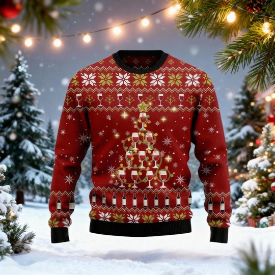 Wine Christmas Tree Ugly Sweater, Wine Christmas Sweater For Party, Wine Lover Christmas Gift, Drinking Sweater For Men, Ugly Xmas Sweater