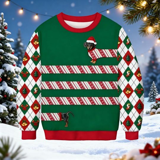 Funny Dachshund Candy Cane Ugly Christmas Sweater, Wiener Dog Xmas Gift for Dog Mom, Holiday Party Sweatshirt, Dog Lover Xmas Sweater
