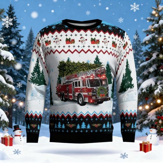 Fire Truck Ugly Xmas Sweatshirt for Firemen, Funny Firefighter Christmas Ugly Sweater, Brave Holiday Gift for Firefighters and Heroes