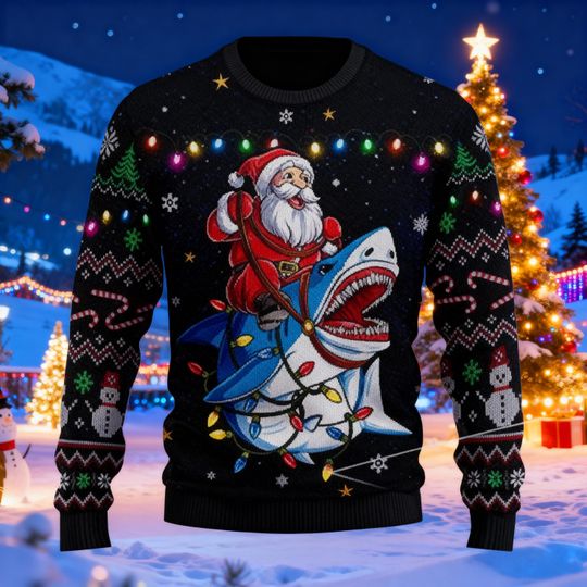 Discover Santa Shark Ugly Christmas Sweater, Jaws Shark Santa Sweatshirt for , Fun Holiday Gift for Shark Lovers, Cute Sea Creature Sweater