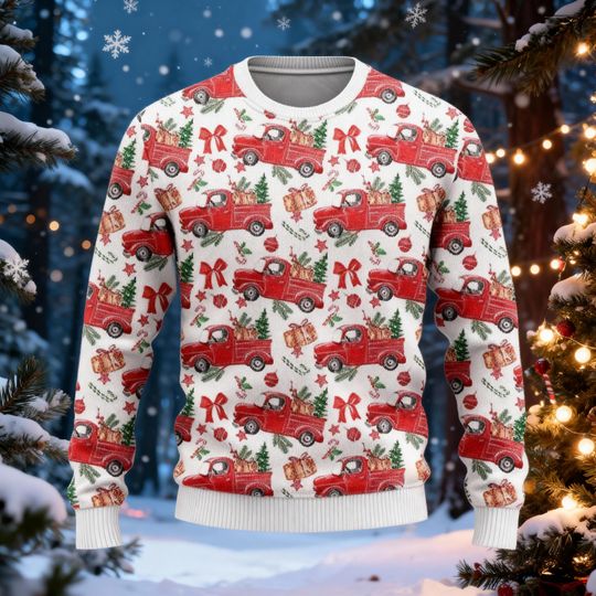 Red Truck Xmas Tree Ugly Christmas Sweater, Red Truck Xmas Ugly Sweater, Christmas Housewarming Gifts, Christmas Gift for Men