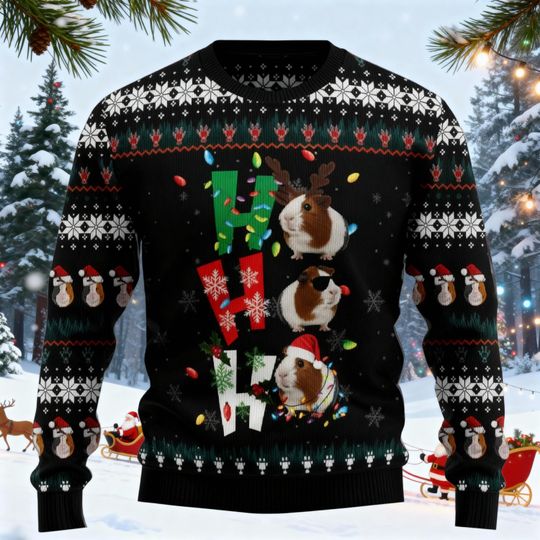 Funny Guinea Pig Ho Ho Ho Ugly Christmas Sweater, Cute Pet Holiday Sweatshirt, Funny Farm Animal Xmas Jumper, Festive Gift for Pet Lovers