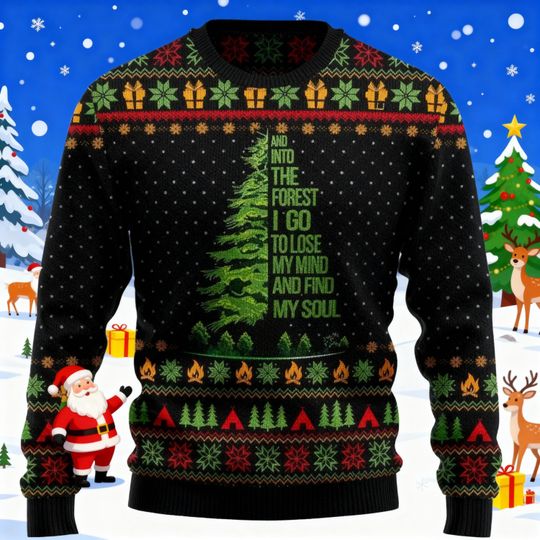 Discover Into The Forest Ugly Christmas Sweater, Holiday Sweatshirt, Camping Xmas Sweater, Perfect Gift for Hikers and Animal Lovers