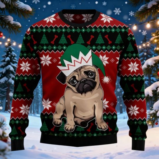 Santa Pug Ugly Christmas Sweater, Funny Pug Xmas Sweater, Dog Lovers Ugly Sweater, Pet Christmas Sweater For Men And Women, Holiday Gift