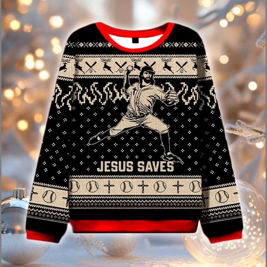 Jesus Saves Baseball Pitcher Ugly Christmas Sweater, Funny Sports Religious Holiday Sweatshirt, Game Day Gift